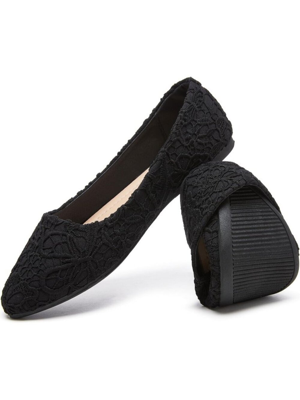 Women's Black Flower Embroidered Lace Ballet Flats Pointed Toe Comfortable Shoes